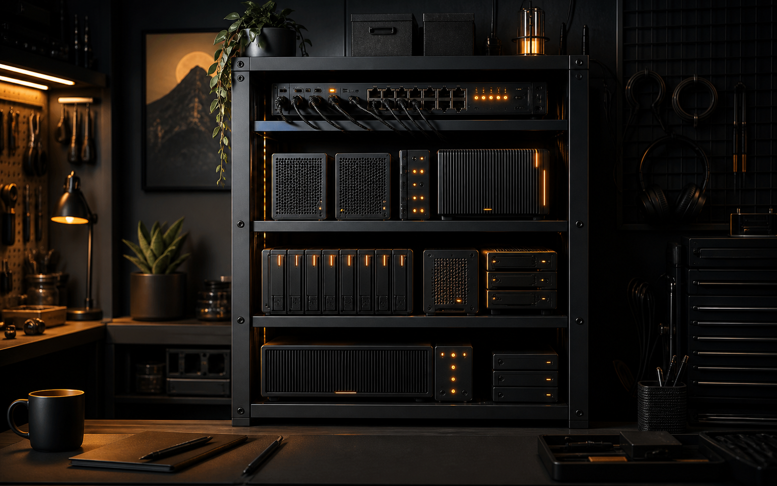 Concept render of the Homelab shelf with servers, networking, and storage