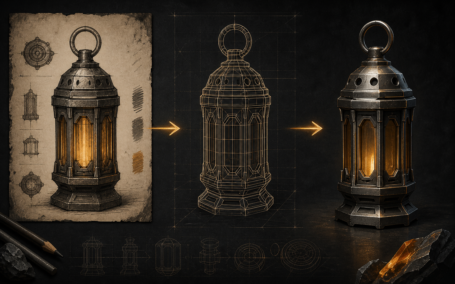 Concept render of an image reference becoming an editable 3D model
