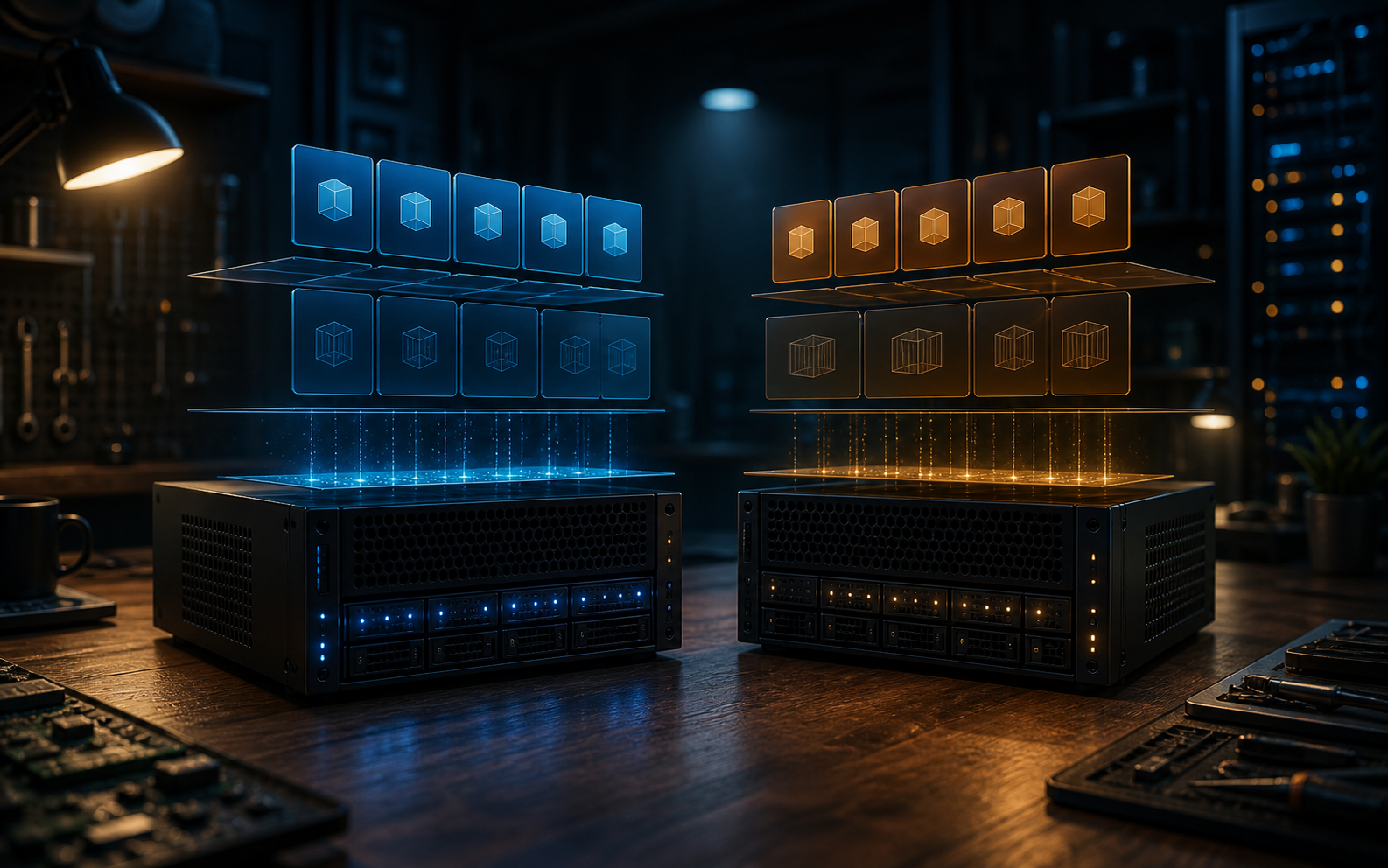 Concept render of Proxmox hosts and abstract virtual machines