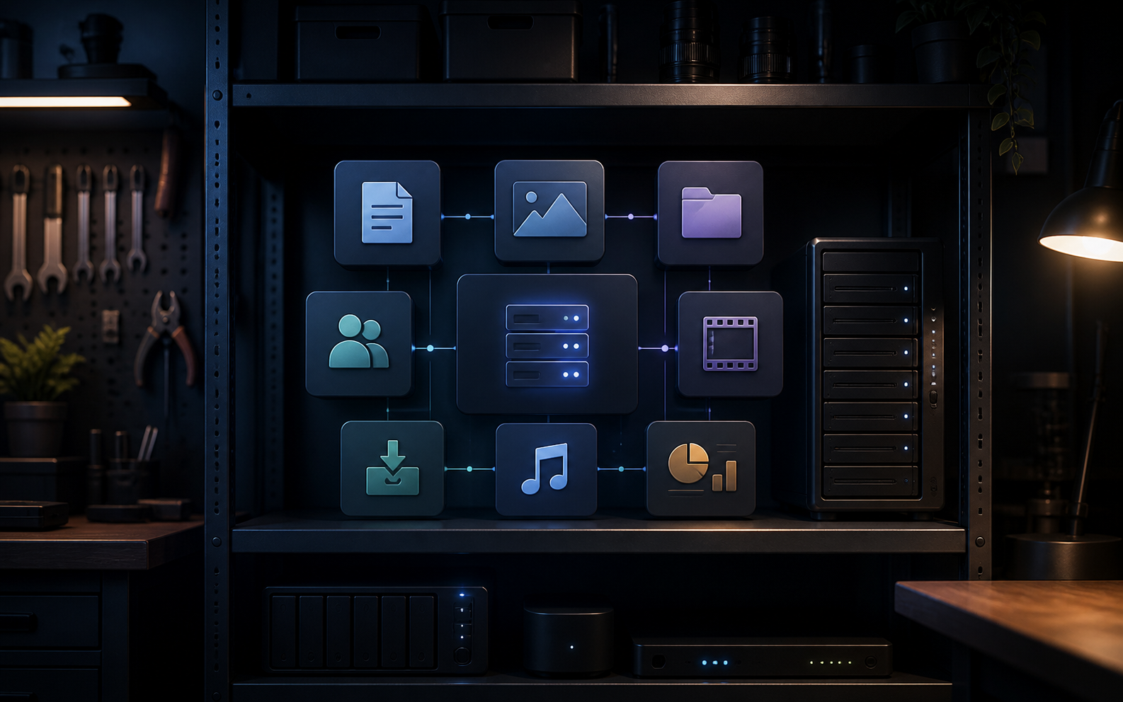 Concept render of self-hosted application tiles on a server shelf